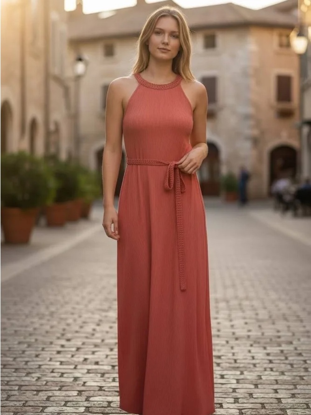Boden Coral Plisse Ribbed Maxi Dress
